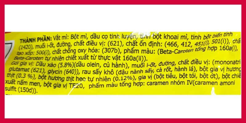 Thành phần trong gói mì A-One thịt xào