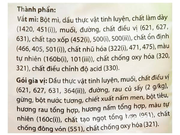 Thành phần trong gói mì Gấu Đỏ chay rau nấm